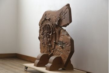 中古　総欅(ケヤキ)材　建仁寺　琳派　俵屋宗達筆の雷神を力強く彫り上げた衝立て(パーテーション、衝い立て、つい立て、間仕切り、ディスプレイ)(R-078926)