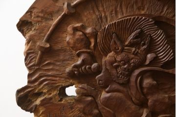 中古　総欅(ケヤキ)材　建仁寺　琳派　俵屋宗達筆の雷神を力強く彫り上げた衝立て(パーテーション、衝い立て、つい立て、間仕切り、ディスプレイ)(R-078926)