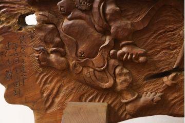 中古　総欅(ケヤキ)材　建仁寺　琳派　俵屋宗達筆の雷神を力強く彫り上げた衝立て(パーテーション、衝い立て、つい立て、間仕切り、ディスプレイ)(R-078926)