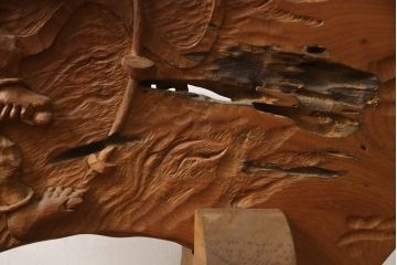 中古　総欅(ケヤキ)材　建仁寺　琳派　俵屋宗達筆の雷神を力強く彫り上げた衝立て(パーテーション、衝い立て、つい立て、間仕切り、ディスプレイ)(R-078926)