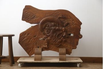 中古　総欅(ケヤキ)材　建仁寺　琳派　俵屋宗達筆の雷神を力強く彫り上げた衝立て(パーテーション、衝い立て、つい立て、間仕切り、ディスプレイ)(R-078926)