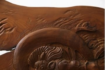 中古　総欅(ケヤキ)材　建仁寺　琳派　俵屋宗達筆の雷神を力強く彫り上げた衝立て(パーテーション、衝い立て、つい立て、間仕切り、ディスプレイ)(R-078926)