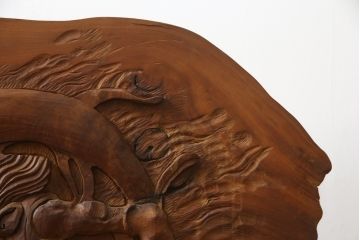 中古　総欅(ケヤキ)材　建仁寺　琳派　俵屋宗達筆の雷神を力強く彫り上げた衝立て(パーテーション、衝い立て、つい立て、間仕切り、ディスプレイ)(R-078926)