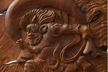 中古　総欅(ケヤキ)材　建仁寺　琳派　俵屋宗達筆の雷神を力強く彫り上げた衝立て(パーテーション、衝い立て、つい立て、間仕切り、ディスプレイ)(R-078926)
