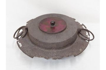 時代物　健仁松堂　斑紫銅蓋　透木釜　時を重ねた味わいのある羽釜(釜、湯釜、湯沸かし、煎茶道具、茶道具、共箱付き)(R-078930)