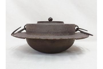 時代物　健仁松堂　斑紫銅蓋　透木釜　時を重ねた味わいのある羽釜(釜、湯釜、湯沸かし、煎茶道具、茶道具、共箱付き)(R-078930)