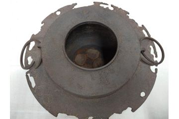 時代物　健仁松堂　斑紫銅蓋　透木釜　時を重ねた味わいのある羽釜(釜、湯釜、湯沸かし、煎茶道具、茶道具、共箱付き)(R-078930)