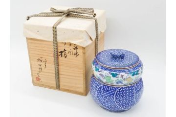 陶匠 高野昭阿弥　和楽庵　京焼　色絵祥瑞　唐子の図　意匠を凝らした水指(瓢箪、瓢形、腰捻、水差、茶道具、煎茶道具、共箱付き)(R-078931)
