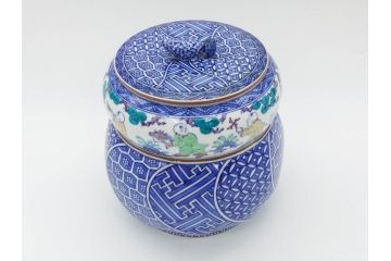 陶匠 高野昭阿弥　和楽庵　京焼　色絵祥瑞　唐子の図　意匠を凝らした水指(瓢箪、瓢形、腰捻、水差、茶道具、煎茶道具、共箱付き)(R-078931)