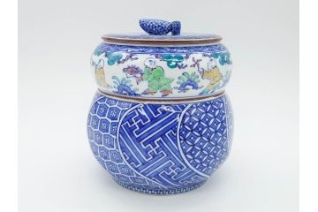 陶匠 高野昭阿弥　和楽庵　京焼　色絵祥瑞　唐子の図　意匠を凝らした水指(瓢箪、瓢形、腰捻、水差、茶道具、煎茶道具、共箱付き)(R-078931)