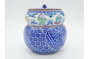 陶匠 高野昭阿弥　和楽庵　京焼　色絵祥瑞　唐子の図　意匠を凝らした水指(瓢箪、瓢形、腰捻、水差、茶道具、煎茶道具、共箱付き)(R-078931)