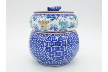 陶匠 高野昭阿弥　和楽庵　京焼　色絵祥瑞　唐子の図　意匠を凝らした水指(瓢箪、瓢形、腰捻、水差、茶道具、煎茶道具、共箱付き)(R-078931)