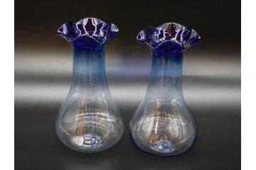 戦前　大正〜昭和初期　昭和レトロ　青フリルが可愛らしい花瓶2点セット(一輪挿し、花入、花器、硝子)(R-078932)