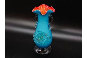大正〜昭和初期　青/ピンク　紫陽花文様を引き立たせる色鮮やかな被せガラスが美しい花瓶(アジサイ、色被せ、吹きガラス、フリル、フラワーベース、花器、花入、花生、硝子)(R-078943)