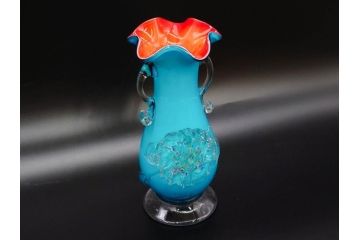 大正〜昭和初期　青/ピンク　紫陽花文様を引き立たせる色鮮やかな被せガラスが美しい花瓶(アジサイ、色被せ、吹きガラス、フリル、フラワーベース、花器、花入、花生、硝子)(R-078943)
