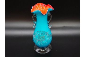 大正〜昭和初期　青/ピンク　紫陽花文様を引き立たせる色鮮やかな被せガラスが美しい花瓶(アジサイ、色被せ、吹きガラス、フリル、フラワーベース、花器、花入、花生、硝子)(R-078943)