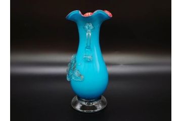 大正〜昭和初期　青/ピンク　紫陽花文様を引き立たせる色鮮やかな被せガラスが美しい花瓶(アジサイ、色被せ、吹きガラス、フリル、フラワーベース、花器、花入、花生、硝子)(R-078943)