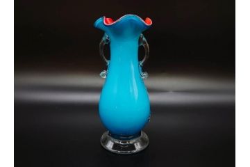 大正〜昭和初期　青/ピンク　紫陽花文様を引き立たせる色鮮やかな被せガラスが美しい花瓶(アジサイ、色被せ、吹きガラス、フリル、フラワーベース、花器、花入、花生、硝子)(R-078943)