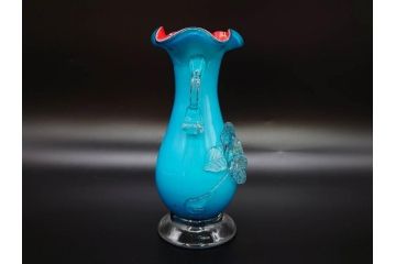 大正〜昭和初期　青/ピンク　紫陽花文様を引き立たせる色鮮やかな被せガラスが美しい花瓶(アジサイ、色被せ、吹きガラス、フリル、フラワーベース、花器、花入、花生、硝子)(R-078943)