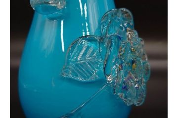 大正〜昭和初期　青/ピンク　紫陽花文様を引き立たせる色鮮やかな被せガラスが美しい花瓶(アジサイ、色被せ、吹きガラス、フリル、フラワーベース、花器、花入、花生、硝子)(R-078943)