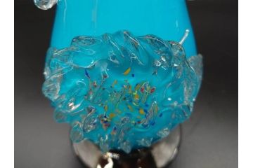 大正〜昭和初期　青/ピンク　紫陽花文様を引き立たせる色鮮やかな被せガラスが美しい花瓶(アジサイ、色被せ、吹きガラス、フリル、フラワーベース、花器、花入、花生、硝子)(R-078943)