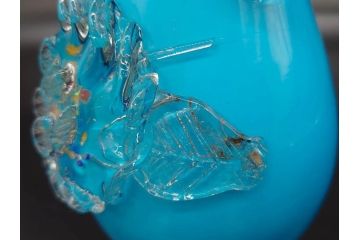 大正〜昭和初期　青/ピンク　紫陽花文様を引き立たせる色鮮やかな被せガラスが美しい花瓶(アジサイ、色被せ、吹きガラス、フリル、フラワーベース、花器、花入、花生、硝子)(R-078943)