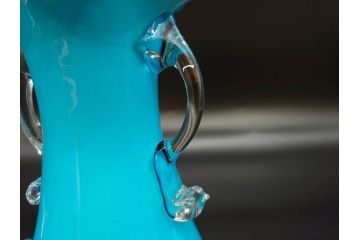 大正〜昭和初期　青/ピンク　紫陽花文様を引き立たせる色鮮やかな被せガラスが美しい花瓶(アジサイ、色被せ、吹きガラス、フリル、フラワーベース、花器、花入、花生、硝子)(R-078943)