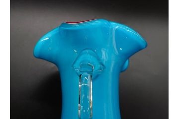 大正〜昭和初期　青/ピンク　紫陽花文様を引き立たせる色鮮やかな被せガラスが美しい花瓶(アジサイ、色被せ、吹きガラス、フリル、フラワーベース、花器、花入、花生、硝子)(R-078943)