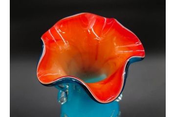 大正〜昭和初期　青/ピンク　紫陽花文様を引き立たせる色鮮やかな被せガラスが美しい花瓶(アジサイ、色被せ、吹きガラス、フリル、フラワーベース、花器、花入、花生、硝子)(R-078943)