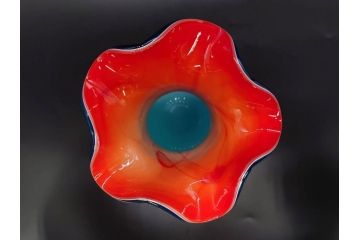 大正〜昭和初期　青/ピンク　紫陽花文様を引き立たせる色鮮やかな被せガラスが美しい花瓶(アジサイ、色被せ、吹きガラス、フリル、フラワーベース、花器、花入、花生、硝子)(R-078943)