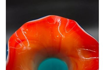 大正〜昭和初期　青/ピンク　紫陽花文様を引き立たせる色鮮やかな被せガラスが美しい花瓶(アジサイ、色被せ、吹きガラス、フリル、フラワーベース、花器、花入、花生、硝子)(R-078943)