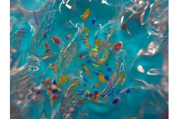大正〜昭和初期　青/ピンク　紫陽花文様を引き立たせる色鮮やかな被せガラスが美しい花瓶(アジサイ、色被せ、吹きガラス、フリル、フラワーベース、花器、花入、花生、硝子)(R-078943)