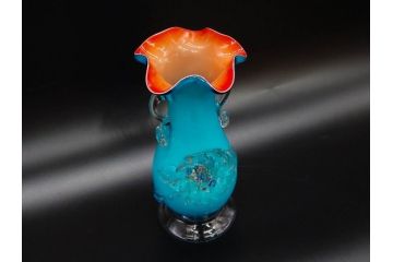 大正〜昭和初期　青/ピンク　被せガラス　紫陽花文様　まるで花びらのような縁に惹かれる花瓶(アジサイ、色被せ、吹きガラス、フリル、フラワーベース、花器、花入、花生、硝子)(R-078944)