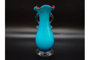 大正〜昭和初期　青/ピンク　被せガラス　紫陽花文様　まるで花びらのような縁に惹かれる花瓶(アジサイ、色被せ、吹きガラス、フリル、フラワーベース、花器、花入、花生、硝子)(R-078944)
