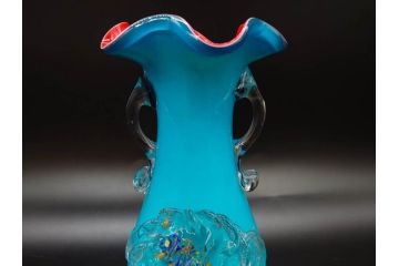大正〜昭和初期　青/ピンク　被せガラス　紫陽花文様　まるで花びらのような縁に惹かれる花瓶(アジサイ、色被せ、吹きガラス、フリル、フラワーベース、花器、花入、花生、硝子)(R-078944)