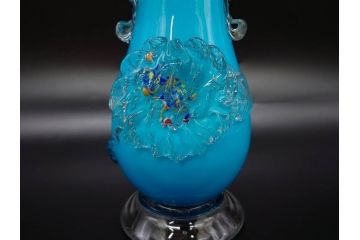 大正〜昭和初期　青/ピンク　被せガラス　紫陽花文様　まるで花びらのような縁に惹かれる花瓶(アジサイ、色被せ、吹きガラス、フリル、フラワーベース、花器、花入、花生、硝子)(R-078944)