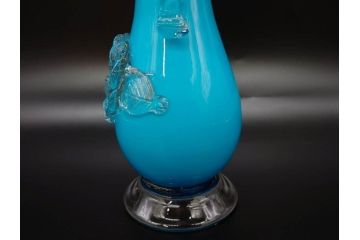 大正〜昭和初期　青/ピンク　被せガラス　紫陽花文様　まるで花びらのような縁に惹かれる花瓶(アジサイ、色被せ、吹きガラス、フリル、フラワーベース、花器、花入、花生、硝子)(R-078944)