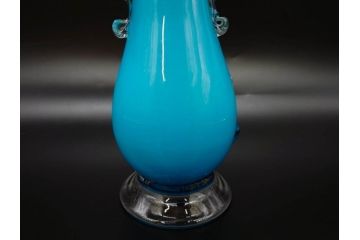 大正〜昭和初期　青/ピンク　被せガラス　紫陽花文様　まるで花びらのような縁に惹かれる花瓶(アジサイ、色被せ、吹きガラス、フリル、フラワーベース、花器、花入、花生、硝子)(R-078944)