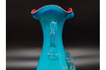 大正〜昭和初期　青/ピンク　被せガラス　紫陽花文様　まるで花びらのような縁に惹かれる花瓶(アジサイ、色被せ、吹きガラス、フリル、フラワーベース、花器、花入、花生、硝子)(R-078944)