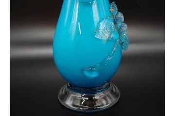 大正〜昭和初期　青/ピンク　被せガラス　紫陽花文様　まるで花びらのような縁に惹かれる花瓶(アジサイ、色被せ、吹きガラス、フリル、フラワーベース、花器、花入、花生、硝子)(R-078944)