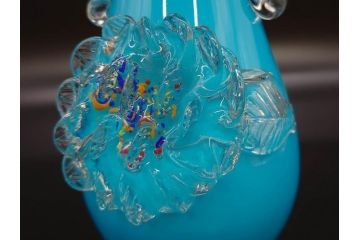 大正〜昭和初期　青/ピンク　被せガラス　紫陽花文様　まるで花びらのような縁に惹かれる花瓶(アジサイ、色被せ、吹きガラス、フリル、フラワーベース、花器、花入、花生、硝子)(R-078944)