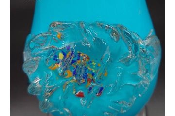 大正〜昭和初期　青/ピンク　被せガラス　紫陽花文様　まるで花びらのような縁に惹かれる花瓶(アジサイ、色被せ、吹きガラス、フリル、フラワーベース、花器、花入、花生、硝子)(R-078944)