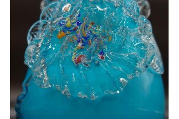 大正〜昭和初期　青/ピンク　被せガラス　紫陽花文様　まるで花びらのような縁に惹かれる花瓶(アジサイ、色被せ、吹きガラス、フリル、フラワーベース、花器、花入、花生、硝子)(R-078944)