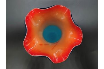 大正〜昭和初期　青/ピンク　被せガラス　紫陽花文様　まるで花びらのような縁に惹かれる花瓶(アジサイ、色被せ、吹きガラス、フリル、フラワーベース、花器、花入、花生、硝子)(R-078944)