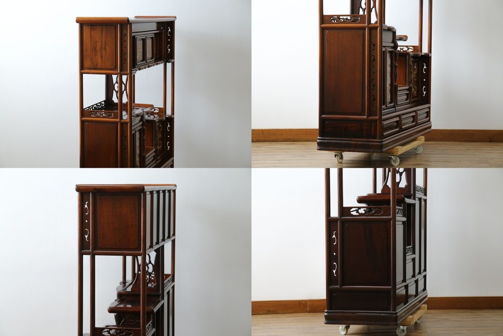 和製ビンテージ　花梨(カリン)材　螺鈿(ラデン)　象嵌入り　上品な佇まいで和の雰囲気を引き立てる飾り棚　(R-078955)