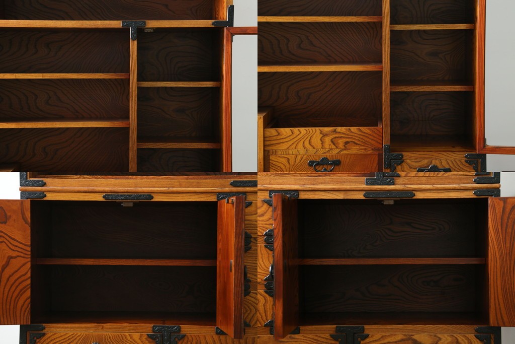 中古　岩谷堂箪笥　力強い杢目と黒々とした金具が迫力ある茶箪笥　(R-078957)