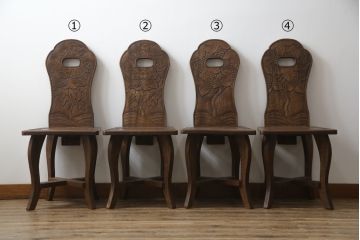中古　美品　軽井沢彫り　牡丹　葡萄(ブドウ)　贅沢な総彫り仕上げのダイニングチェア4脚セット(板座チェア、アームレスチェア、椅子、イス)(R-078964)
