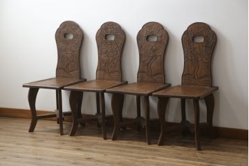 中古　美品　軽井沢彫り　牡丹　葡萄(ブドウ)　贅沢な総彫り仕上げのダイニングチェア4脚セット(板座チェア、アームレスチェア、椅子、イス)(R-078964)