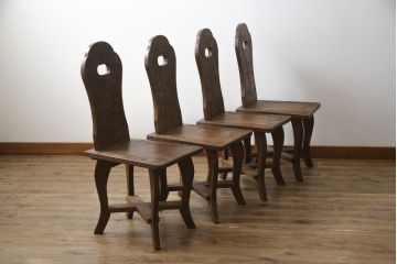 中古　美品　軽井沢彫り　牡丹　葡萄(ブドウ)　贅沢な総彫り仕上げのダイニングチェア4脚セット(板座チェア、アームレスチェア、椅子、イス)(R-078964)