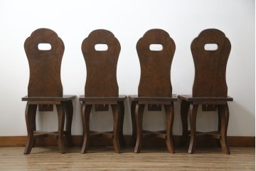 中古　美品　軽井沢彫り　牡丹　葡萄(ブドウ)　贅沢な総彫り仕上げのダイニングチェア4脚セット(板座チェア、アームレスチェア、椅子、イス)(R-078964)